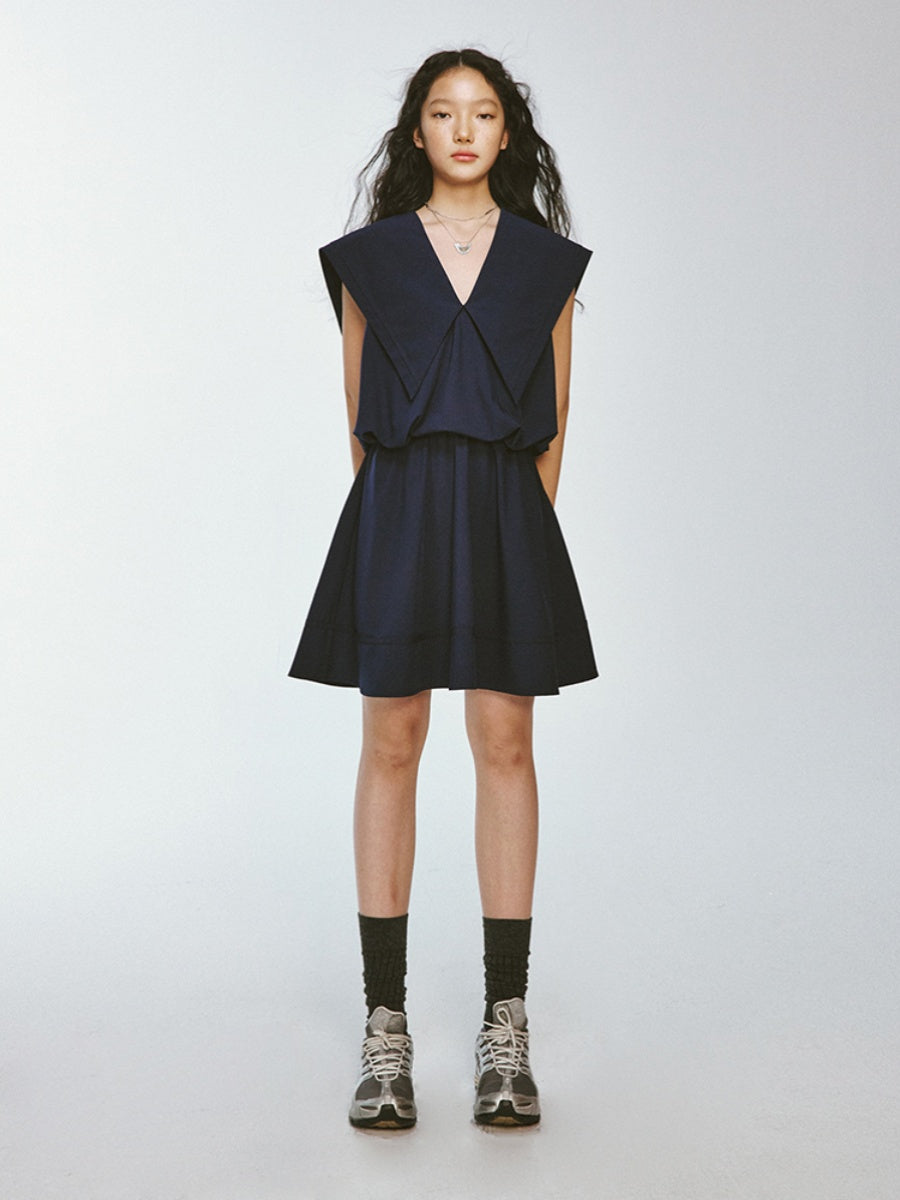 Sailor-Collar Big-Collar V-Neck Loose No-Sleeve Short Chic One-Piece