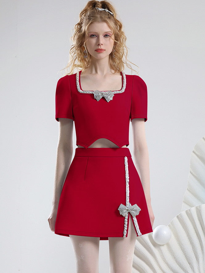 Set-Up Vivid Bijou Ribbon Elegant Bi-Color Short-Tops&Mini-Skirt