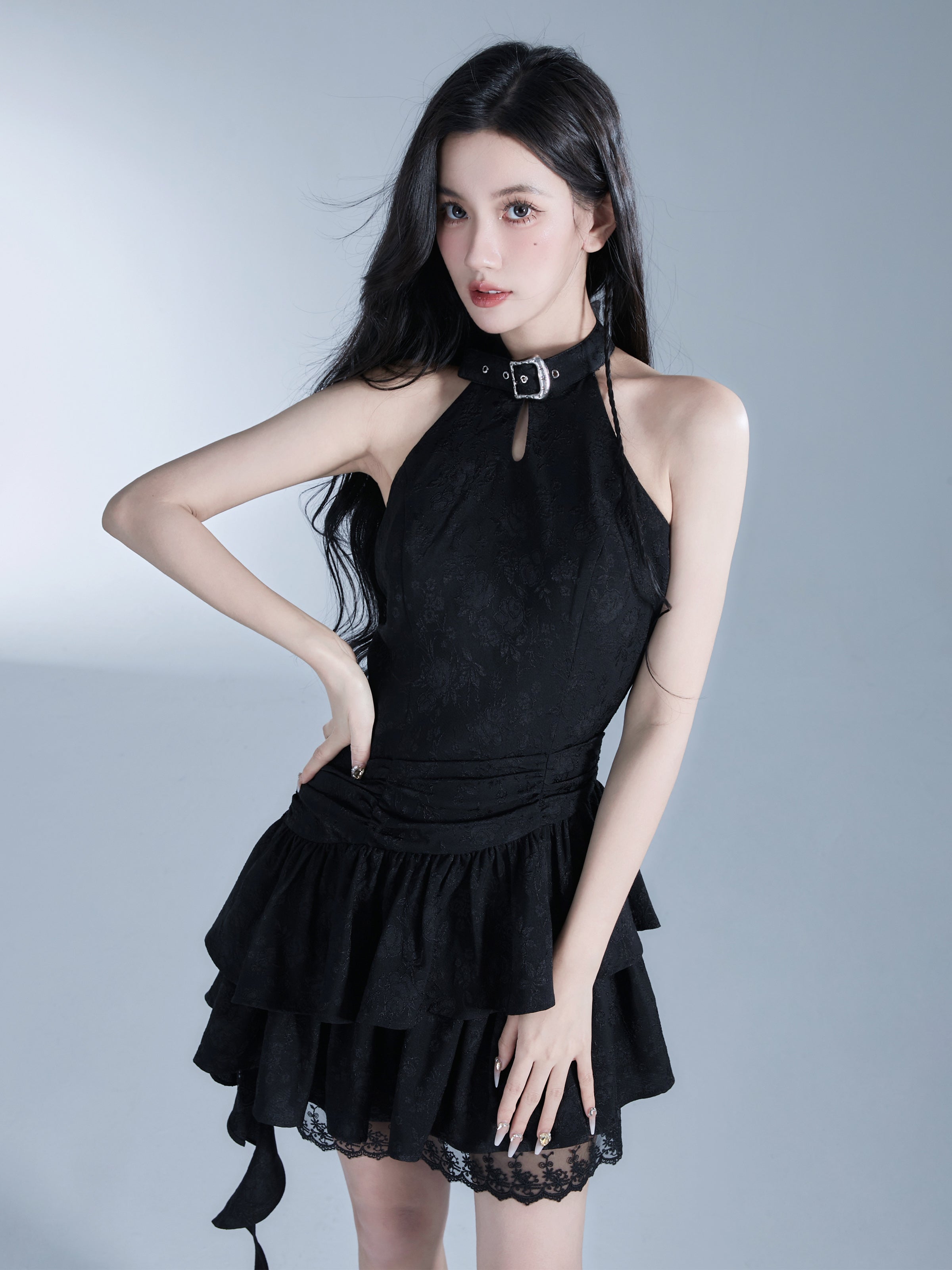 Embroidery Flower Asymmetry Belt Lace One-Piece