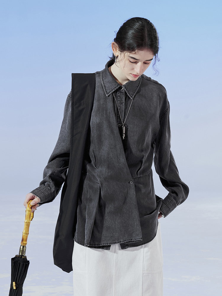 데님 비대칭 드레이프 니치 씻기 셔츠
