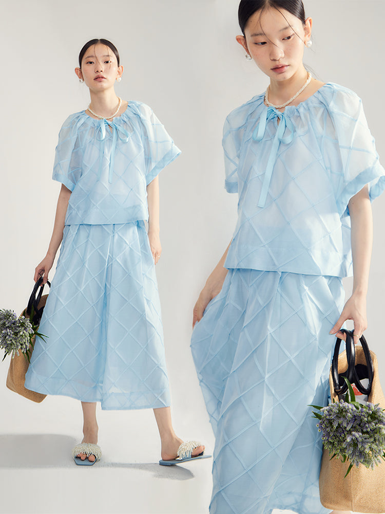 Refreshing Ribbon Checked Sheer Blouse & Flare-Slirt