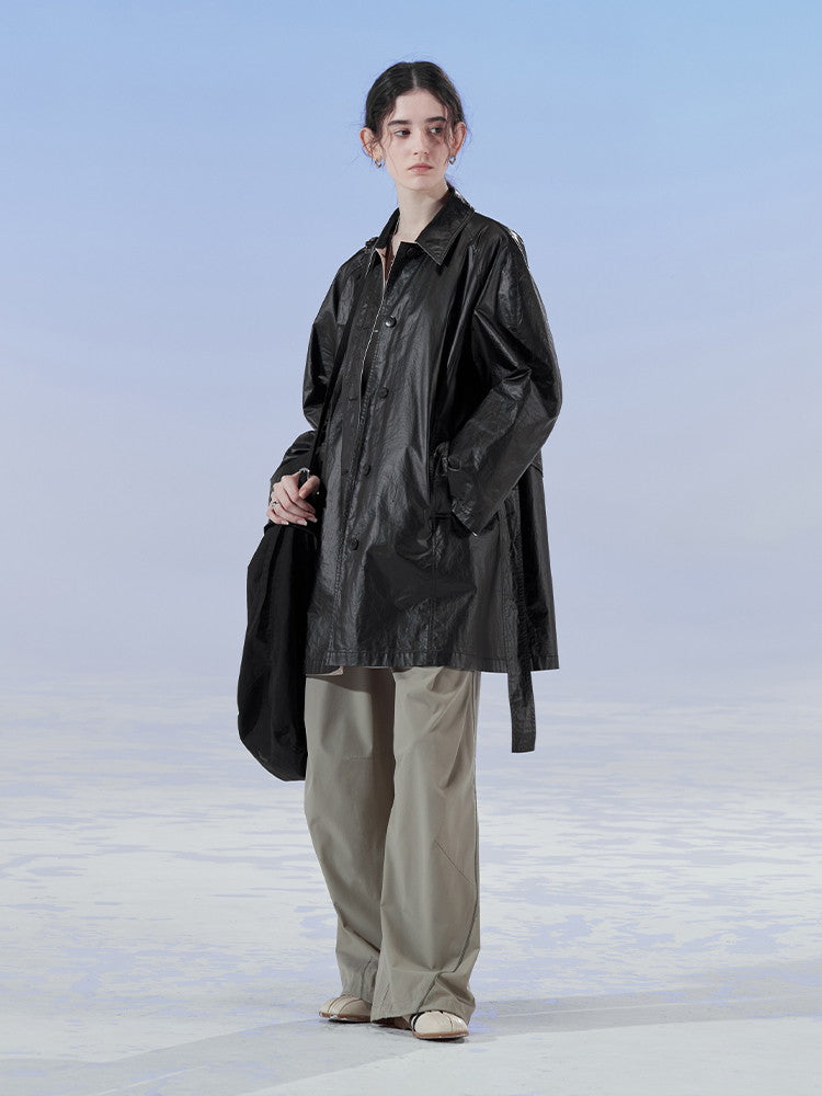 Smooth Cool Bi-Color Belt Plain Oversize Leather-Jacket