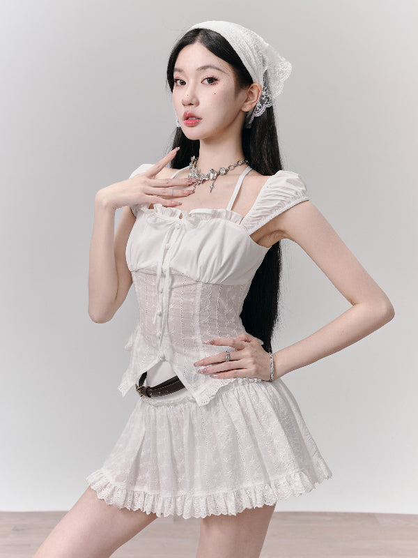 Set-Up Thin Lace Ribbon Feminine Slim Blouse&Mnini-Skirt