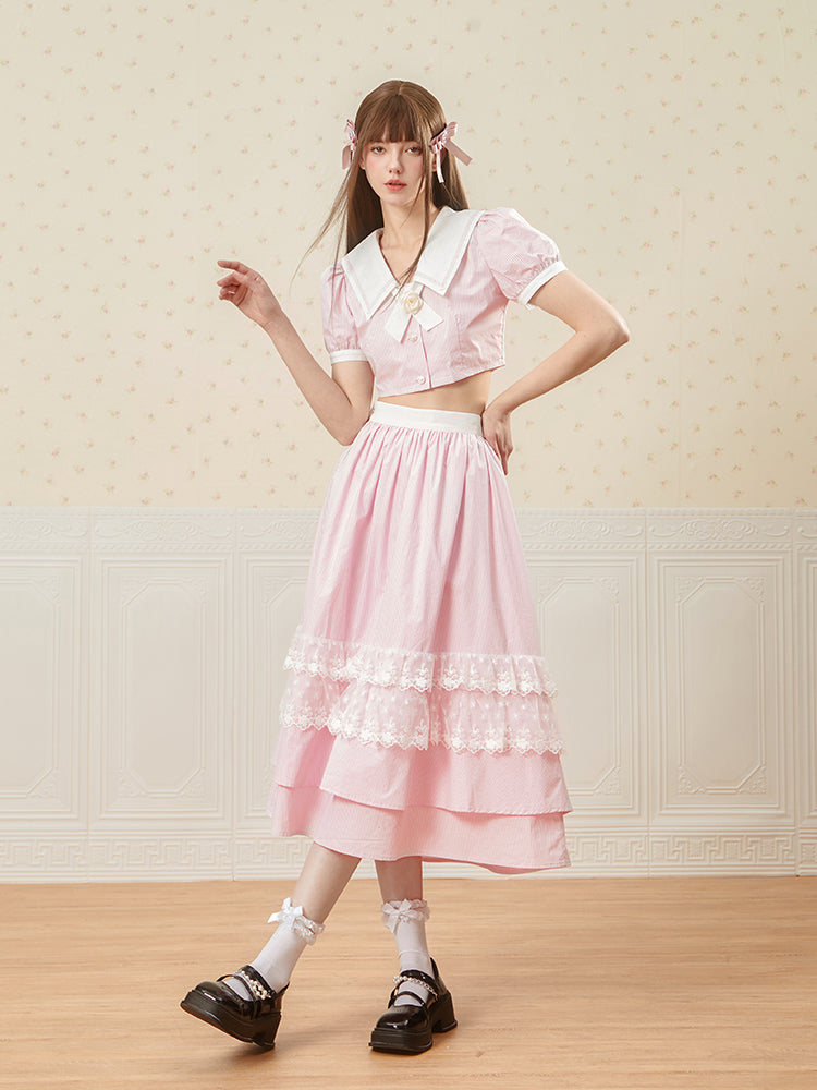 Set-Up Stripe Sailor Lace Cute Ribbon College Blouse&Long-Skirt