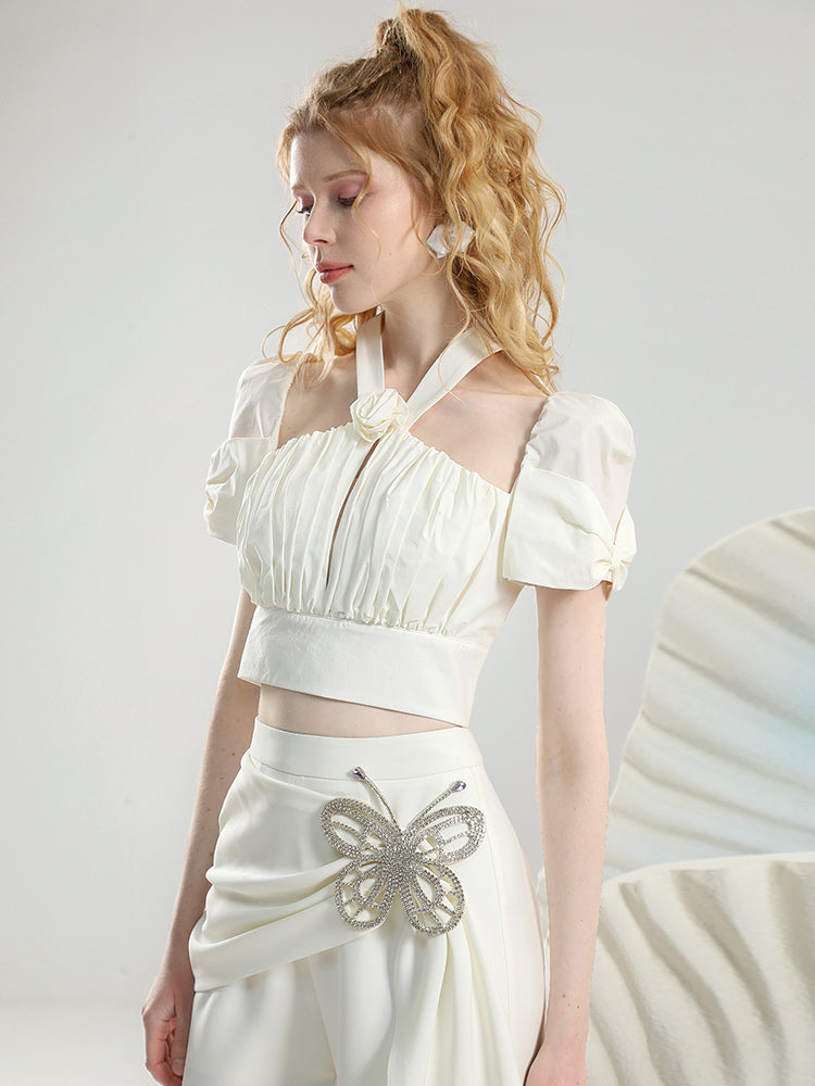 Halter-Neck Chic Suit Set-Up Ribbon Short- Tops&Wide-Pants