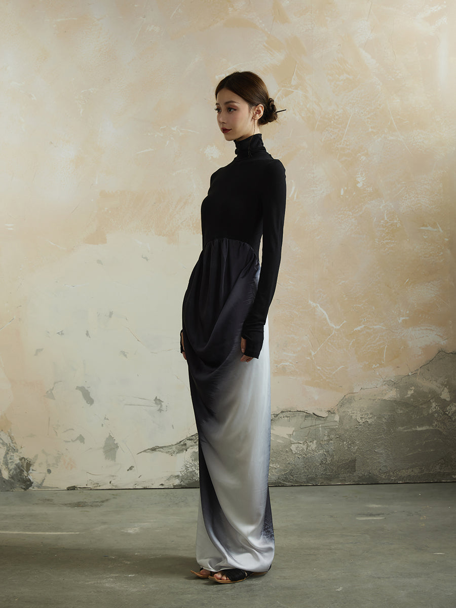 Knit Gradation Drape High-Neck Mix Elegant One-Piece