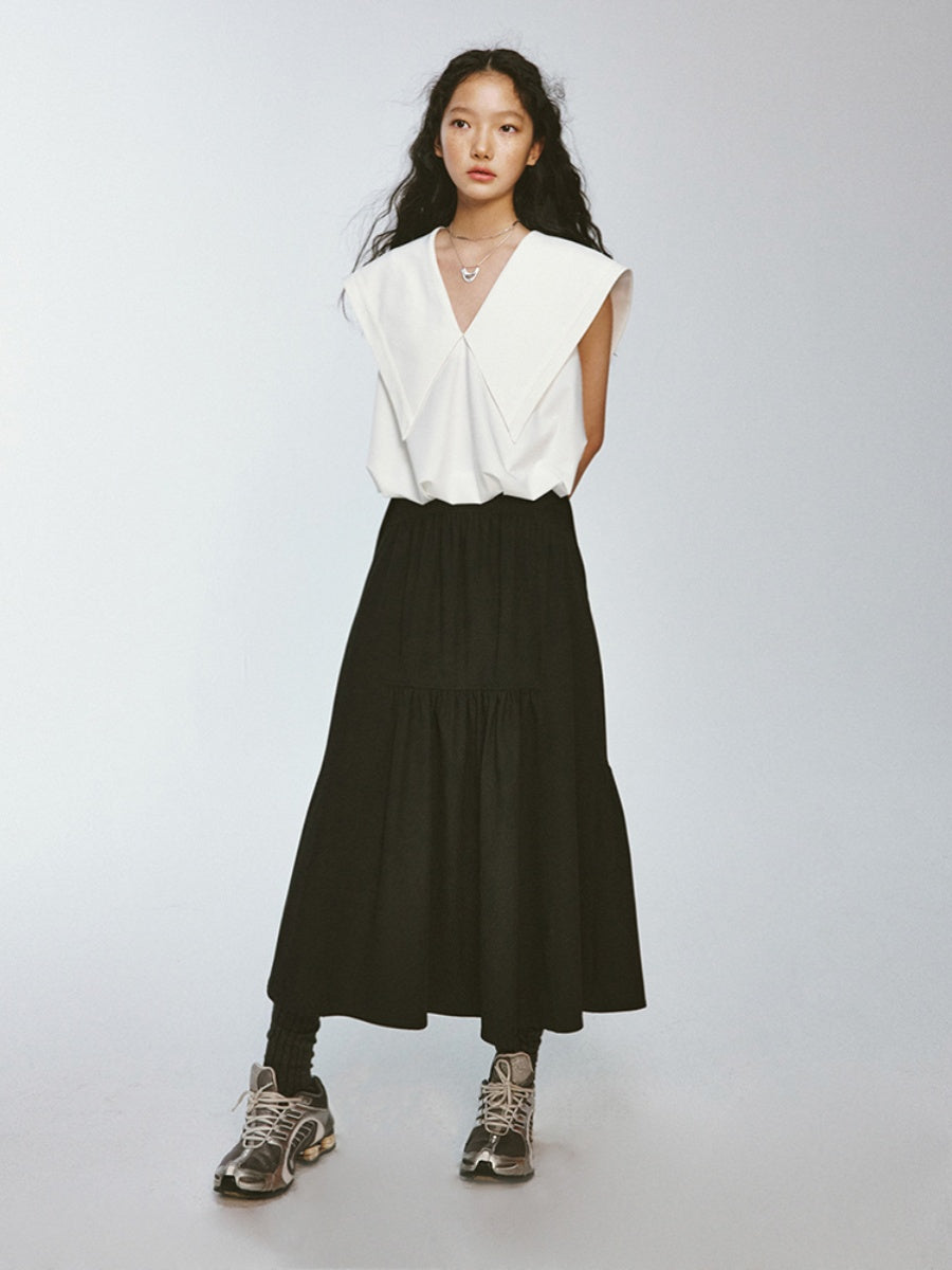 Sailor-Collar Big-Collar V-Neck Lno-Sleeve Chic Tops