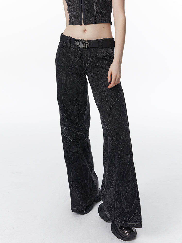 주름진 데님 캐주얼 넓은 바지