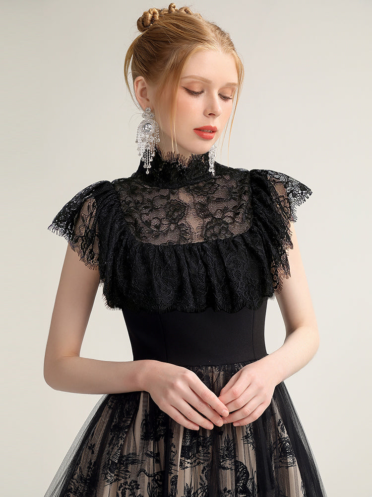 Flace Feminine Chic Falre Flower Party Sheer Dress