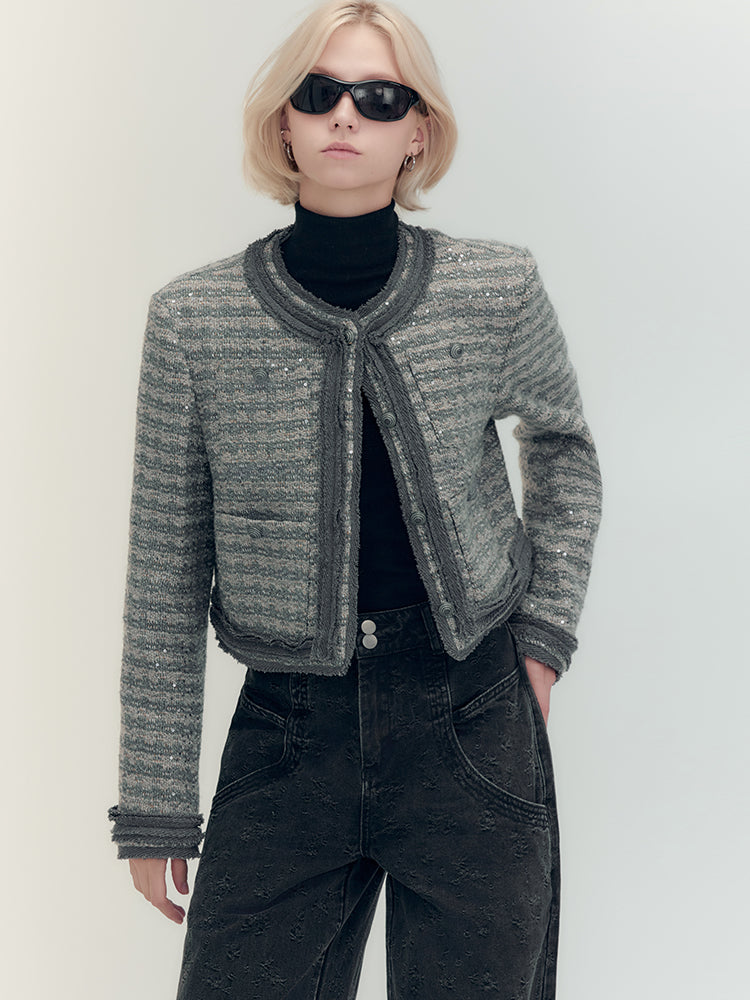 Set-Up Suit Sequins Elegant No-Collar-Jacket&Mini-Skirt