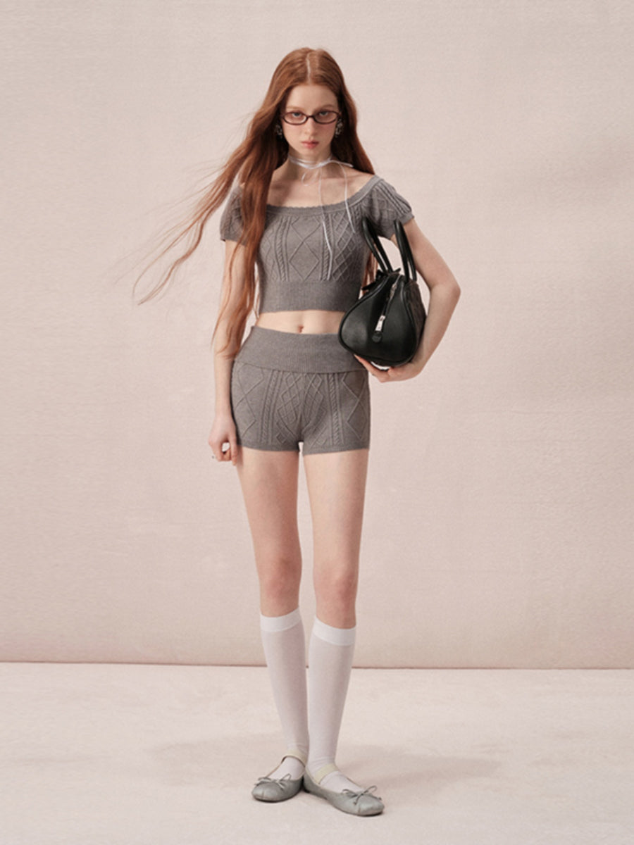 Cable-Knit Off-Shoulder Casual Relax Set-Up Tops&Short-Pants