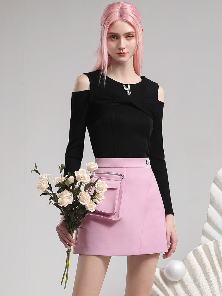 Set-Up Open-Shoulder Knit Pocket Casual Cutswe&Mini-Skirt