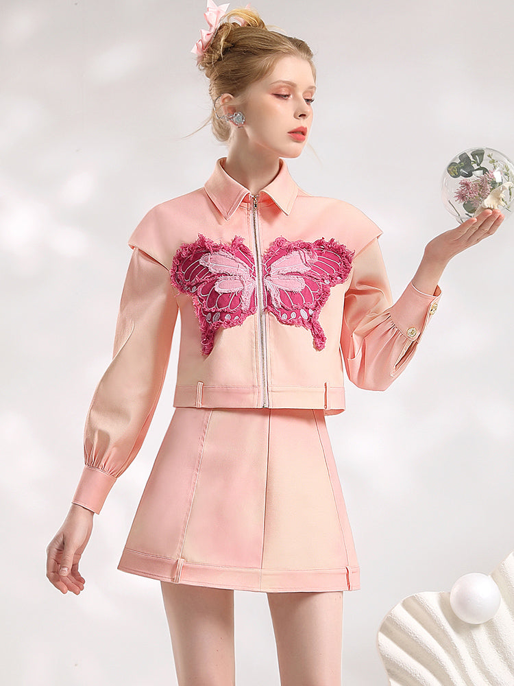 탑 & 미니 스커트 데님 캐주얼 나비 귀여운 셋업