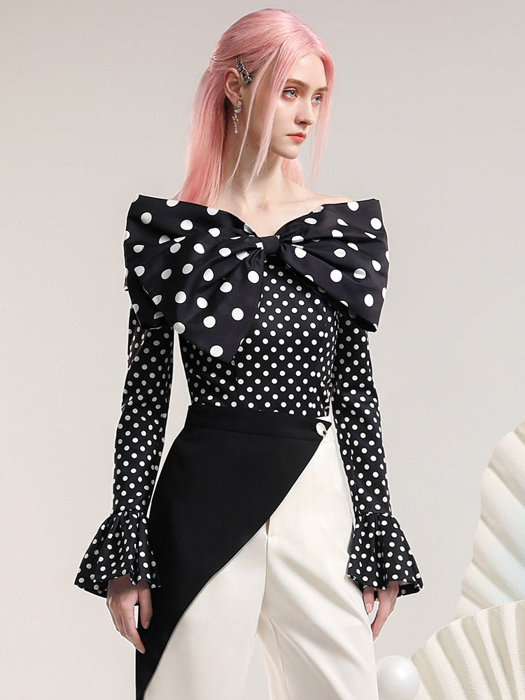 Set-Up Nichi Dot Big-Ribbon Asymmetry Wide Tops&Pants