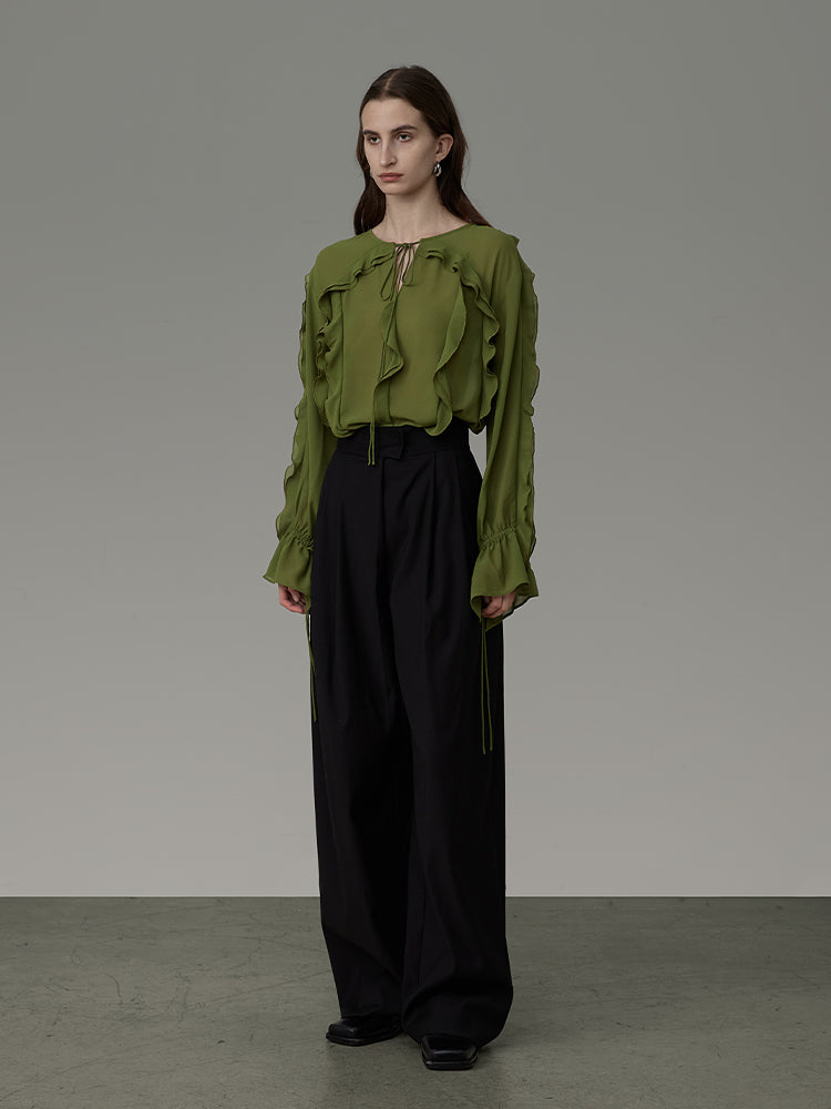 Ciffon Ruffle Drawstring Loose Chic Blouse