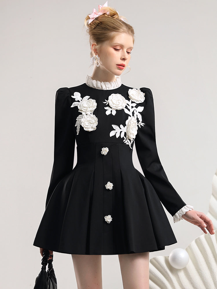 Stand-Collar Pleats Flower Rose 3D Classy One-Piece