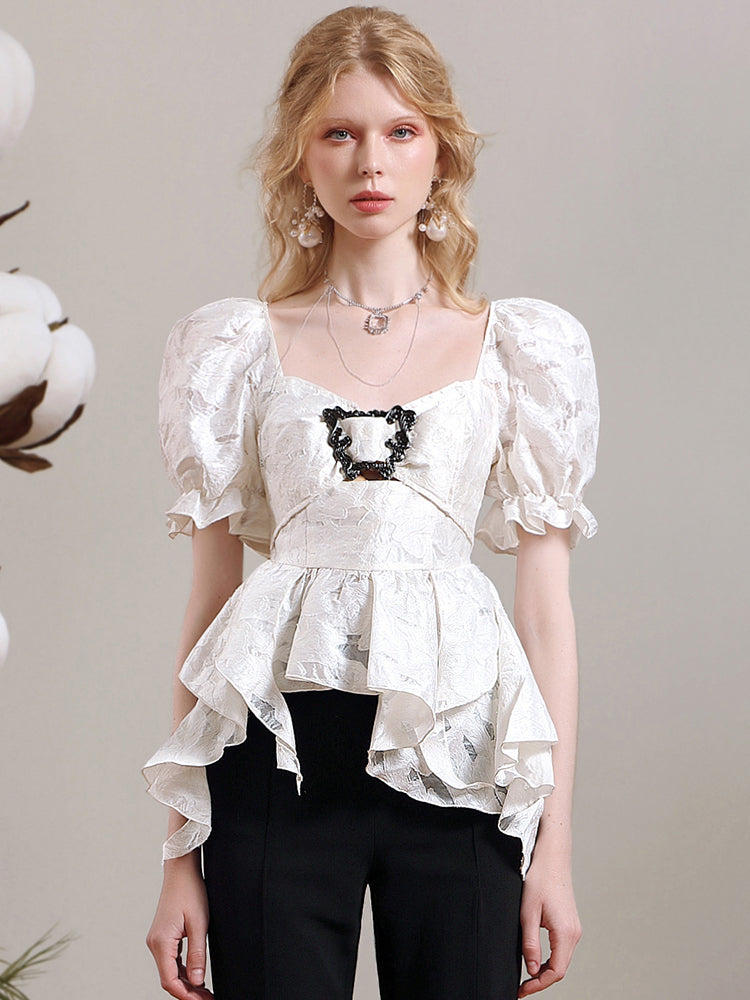 Peplum Puff-A-Sleeve-Spitze Femineine Bluse