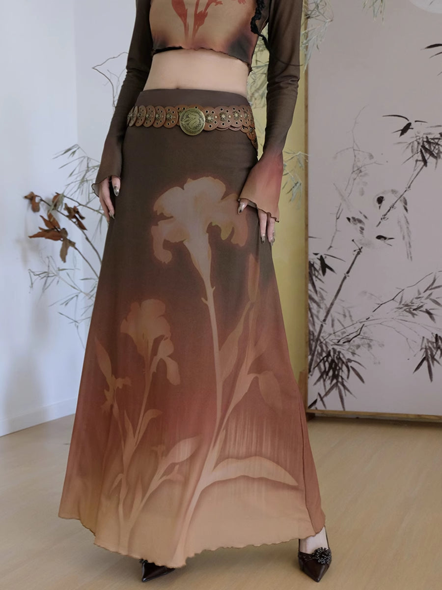 Mellow Gradation Short Nichi Flare-Sleeve Flower Cutsew&Long-Skirt