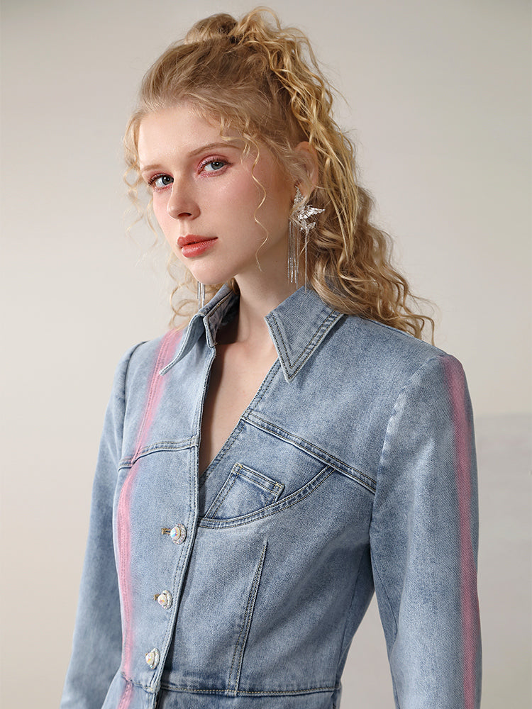 Set-Up Denim Layered Casual Spray Long-Tops&Tulle-Skirt