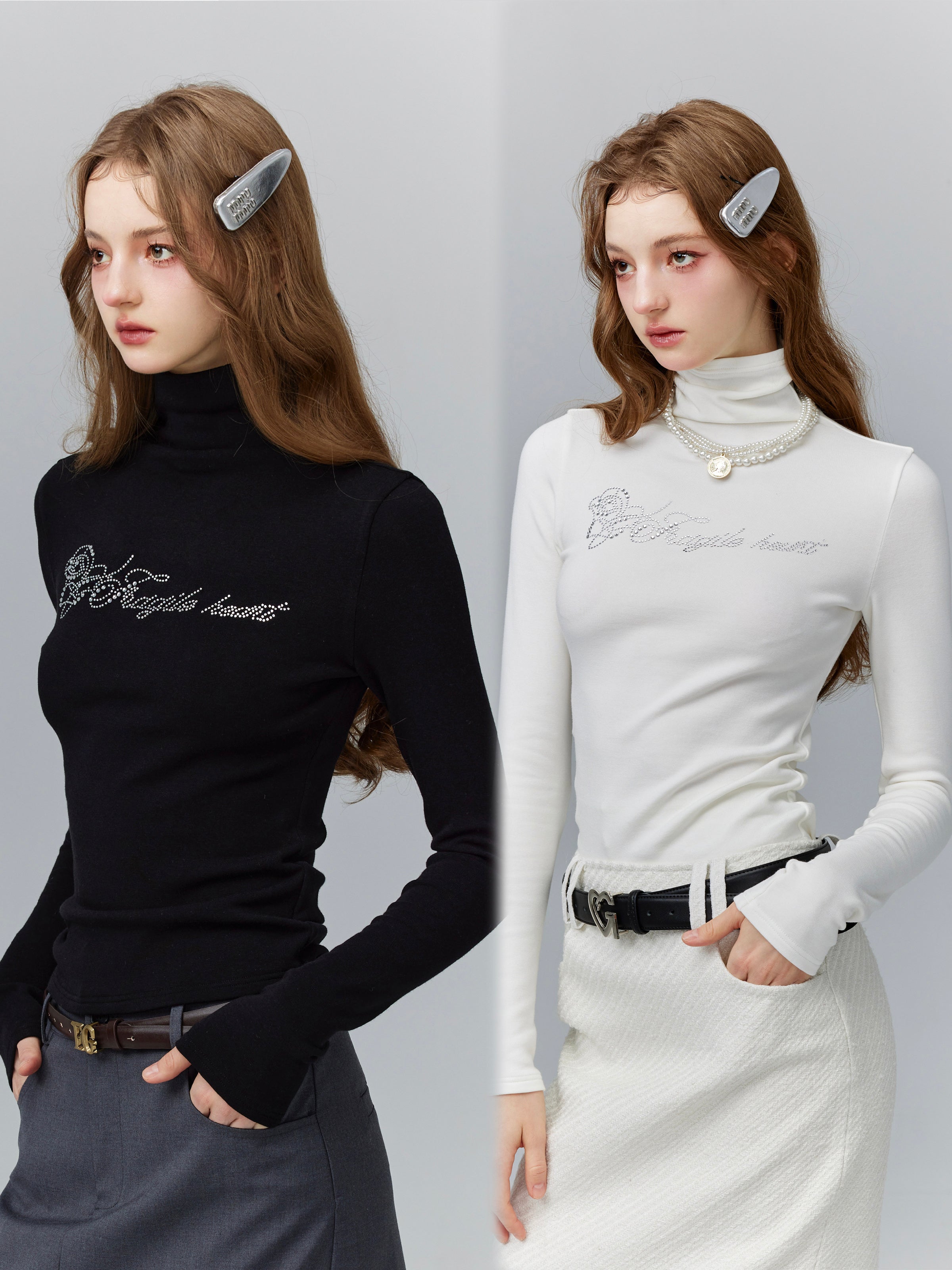 High-Neck Slim Tight Rhinestone Lettering Tops