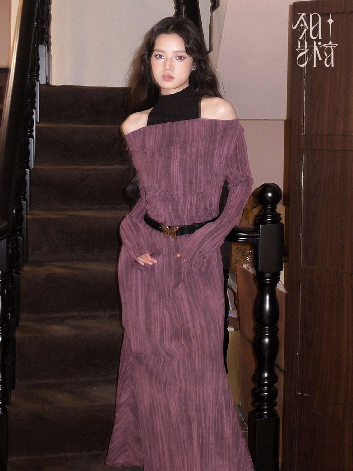 Open-Shoulder Retro Long Chic Drape 2Way One-Piece