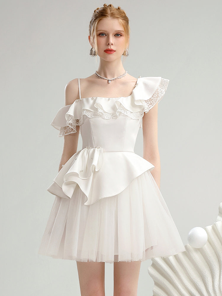 Lace Asymmetry One-Shoulder Tulle Frill One-Piece