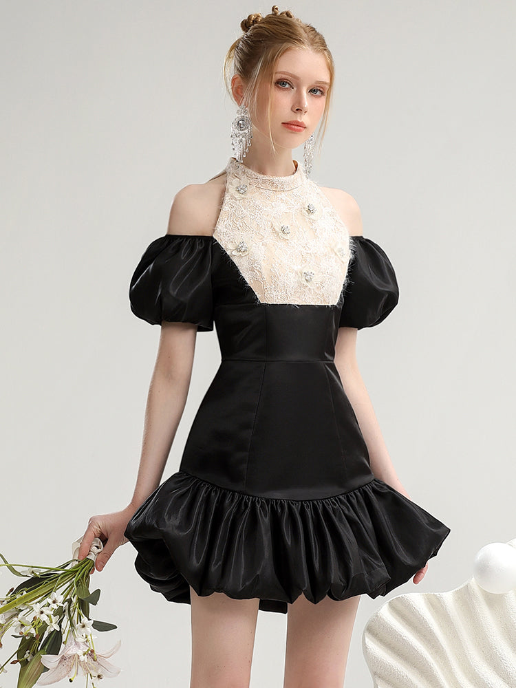 Open-Shoulder Balloon Halter-Neck Short Chic Puff-Sleeve Dress