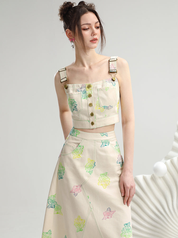 Set-Up Rose Gradation Rainbow Retro Casual Tops&Long-Skirt