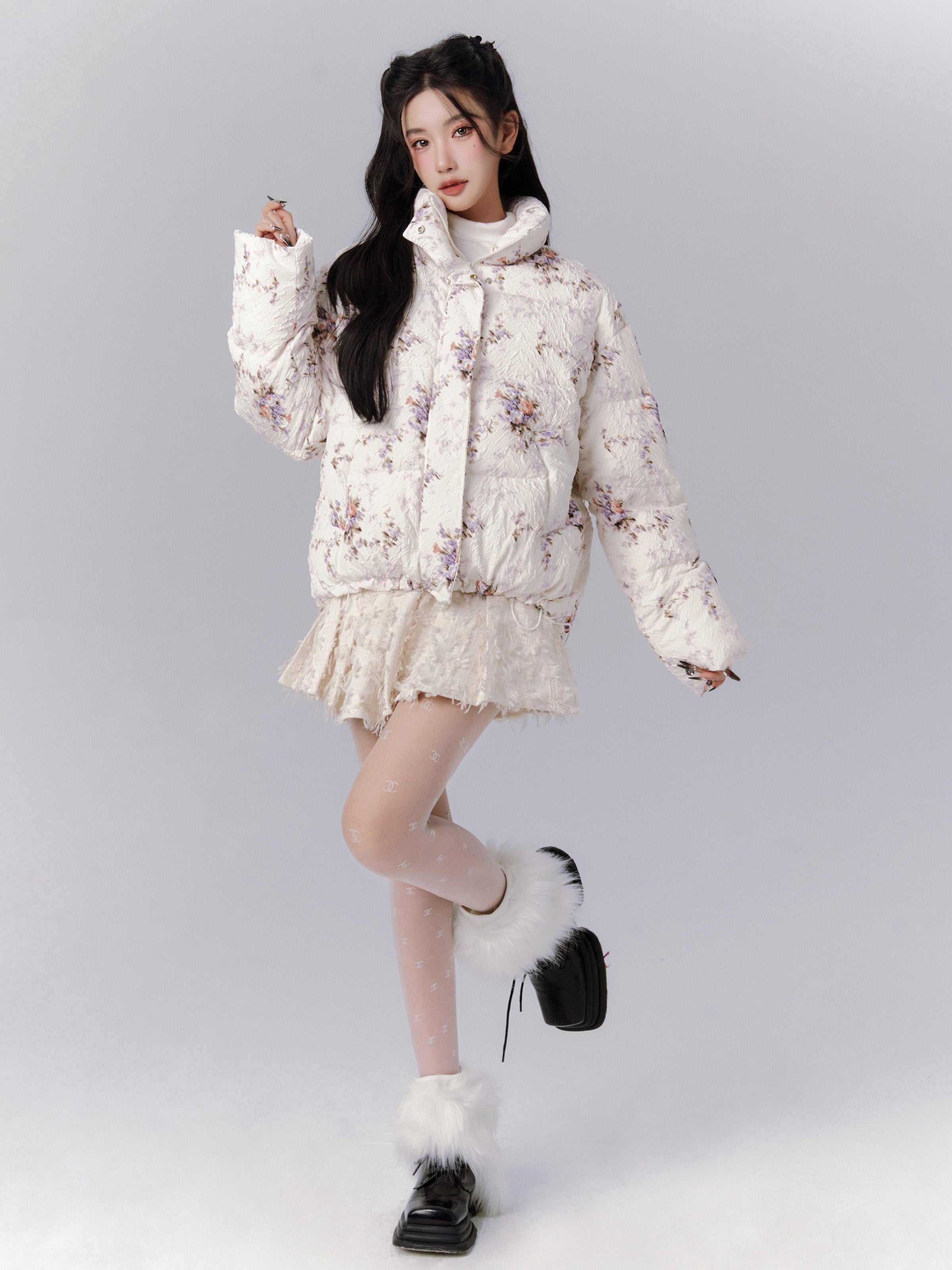 Flower Stand-Collar Cotton Pleats Embroidery Down-Jacket&Mini-Skirt