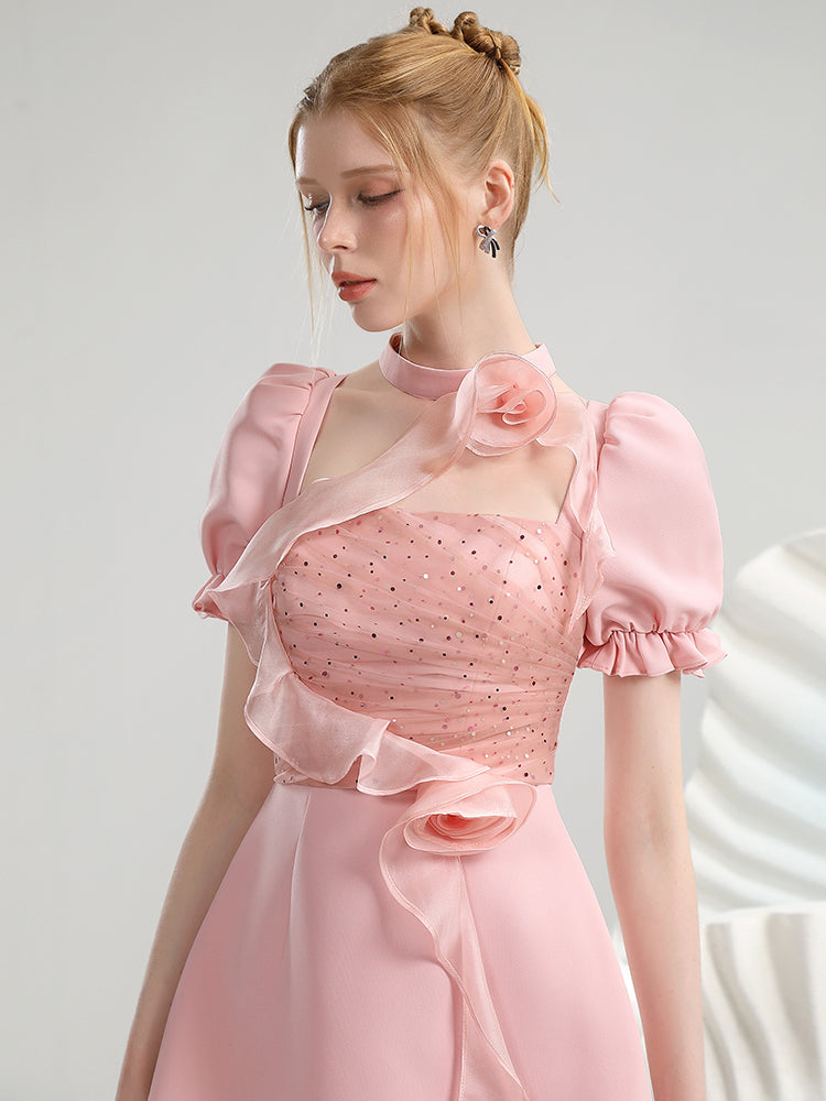Rose Asymmetry Ciffon Puff-Sleeve Ruffle Short Flare Short Dress