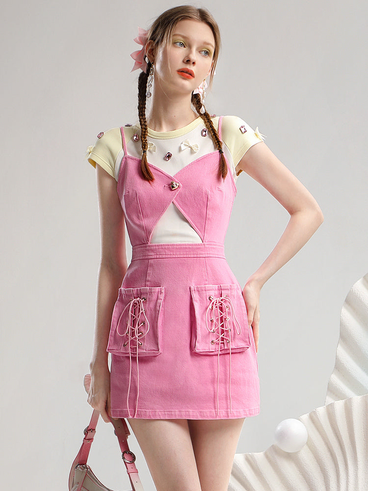 Set-Up Bijou Ribbon Lace-Up Slim Short Nichi T-Shirt&Dress