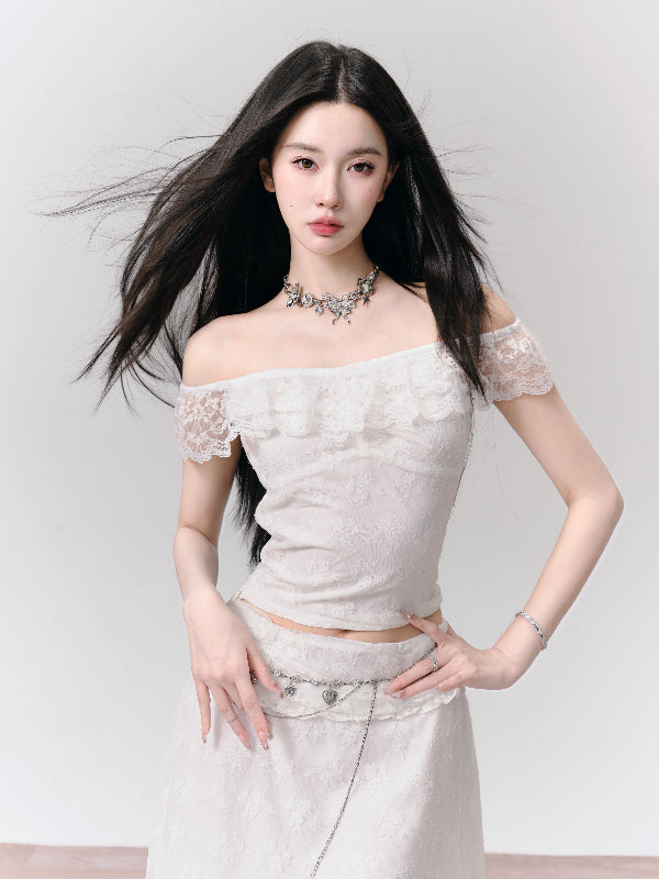 Set-Up Off-Shoudler Lace Feminine Flower Feminine Tops&Skirt