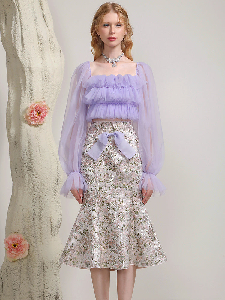 Tulle Frill Tiered Pale Candy-Sleeve Glossy Flower Tops&Mermaid-Skirt