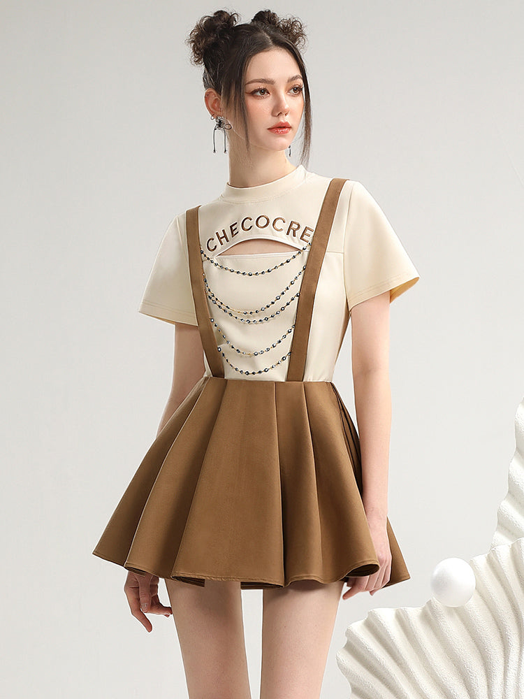 Set-Up Casual Fount-Cut Falre Pleats T-Shirt&Suspenders-Skirt