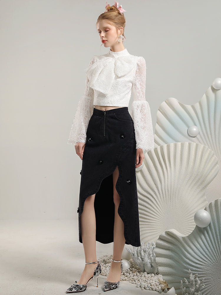 섹시한 웨이브 니치 비주 데님 비대칭 장거리 스커트