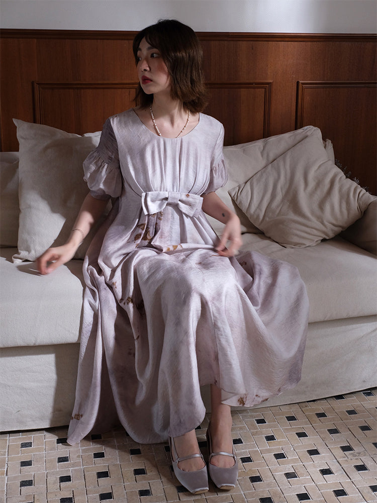 세련된 퍼프 슬리브 리본 플레어 원피스