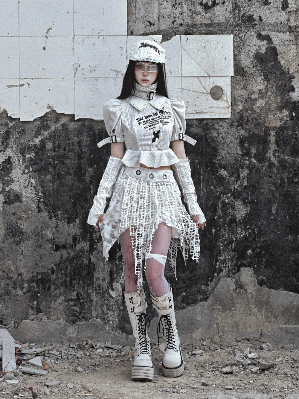 고딕 빈티지 비대칭 니치 손상 메쉬 헴 스커트