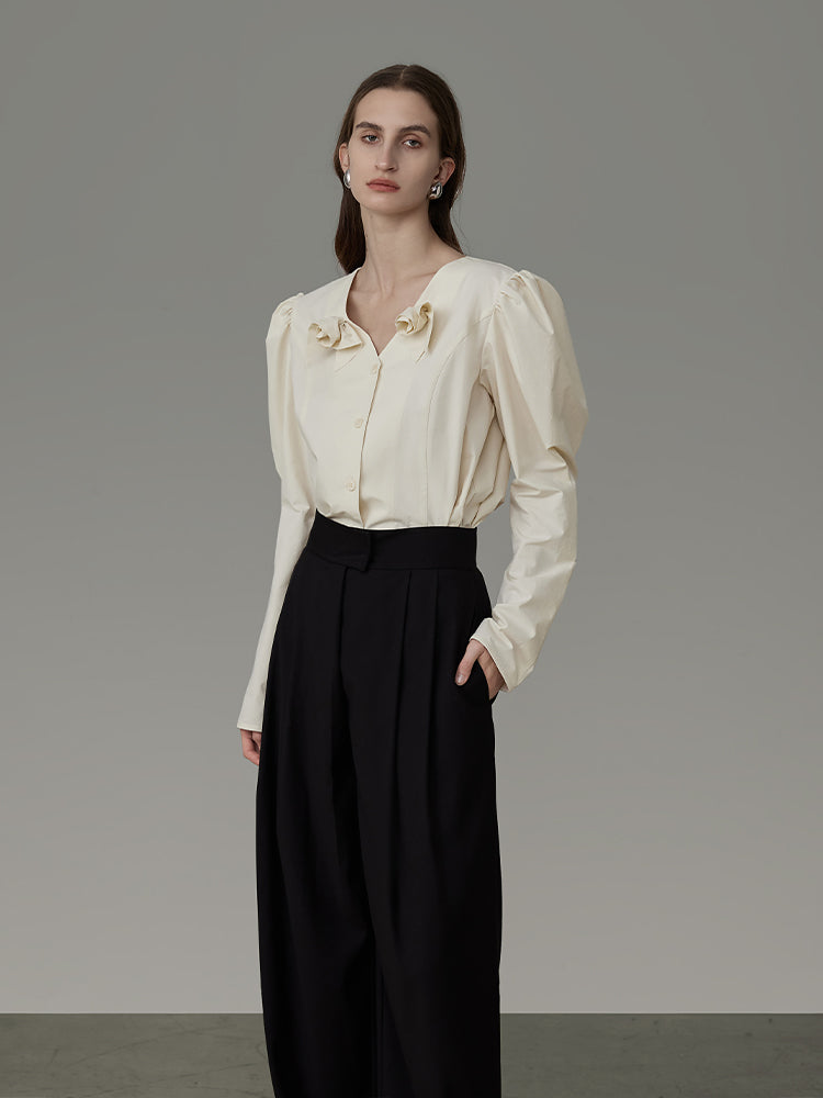 No-Collar Rose-Motif Power-Shoulder Classy Blouse