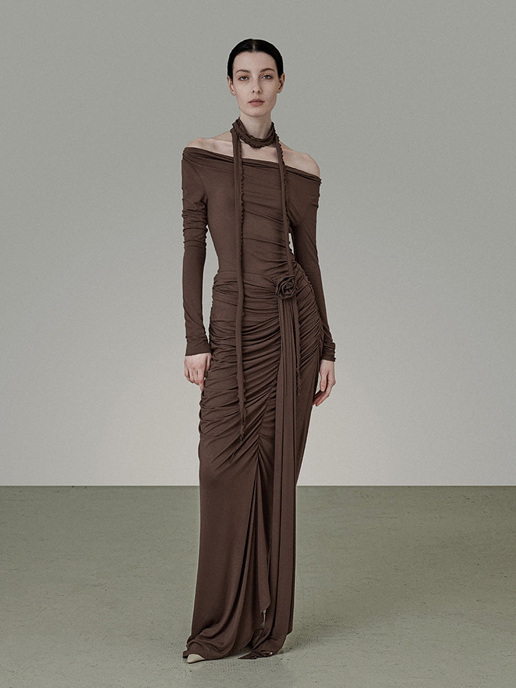 Set-Up Classy Plain Stretch Frill Drape Off-Shoulder Gather Cutsew&Long-Skirt