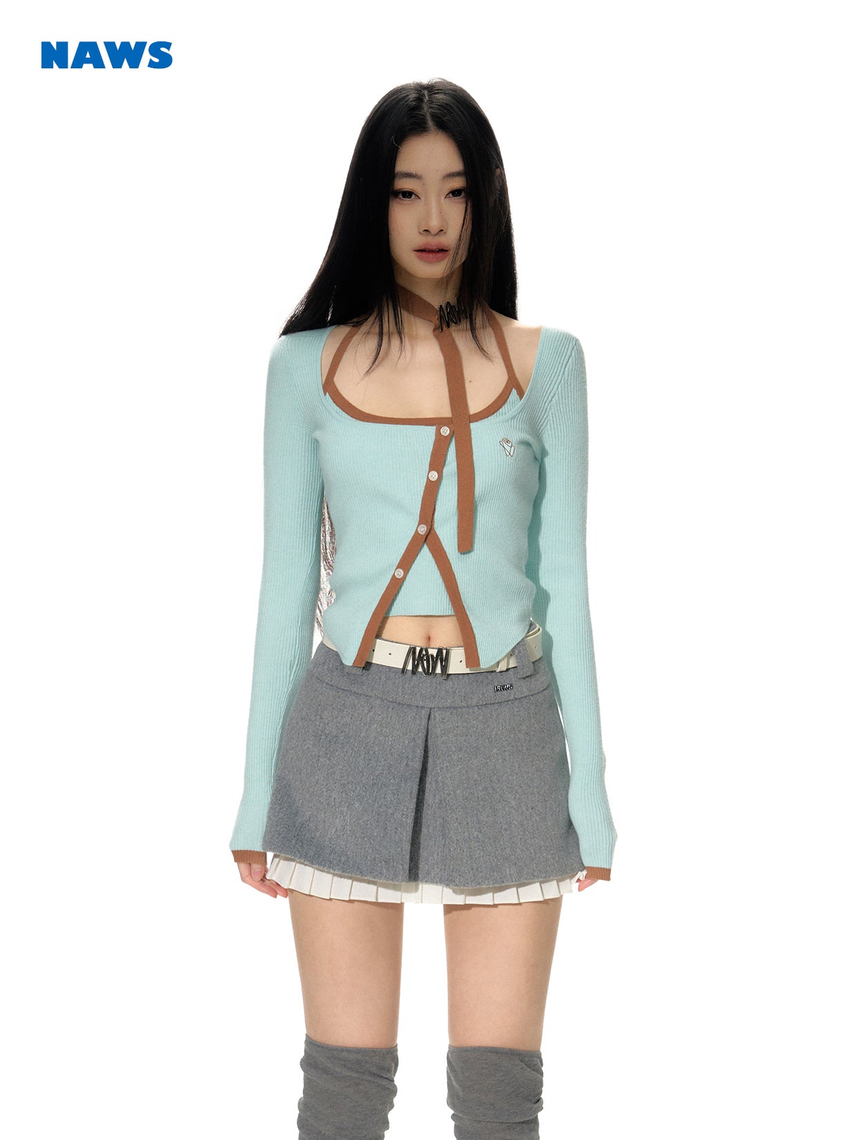 Knit Bi-Color Plain Set-Up Cardigan&Camisole
