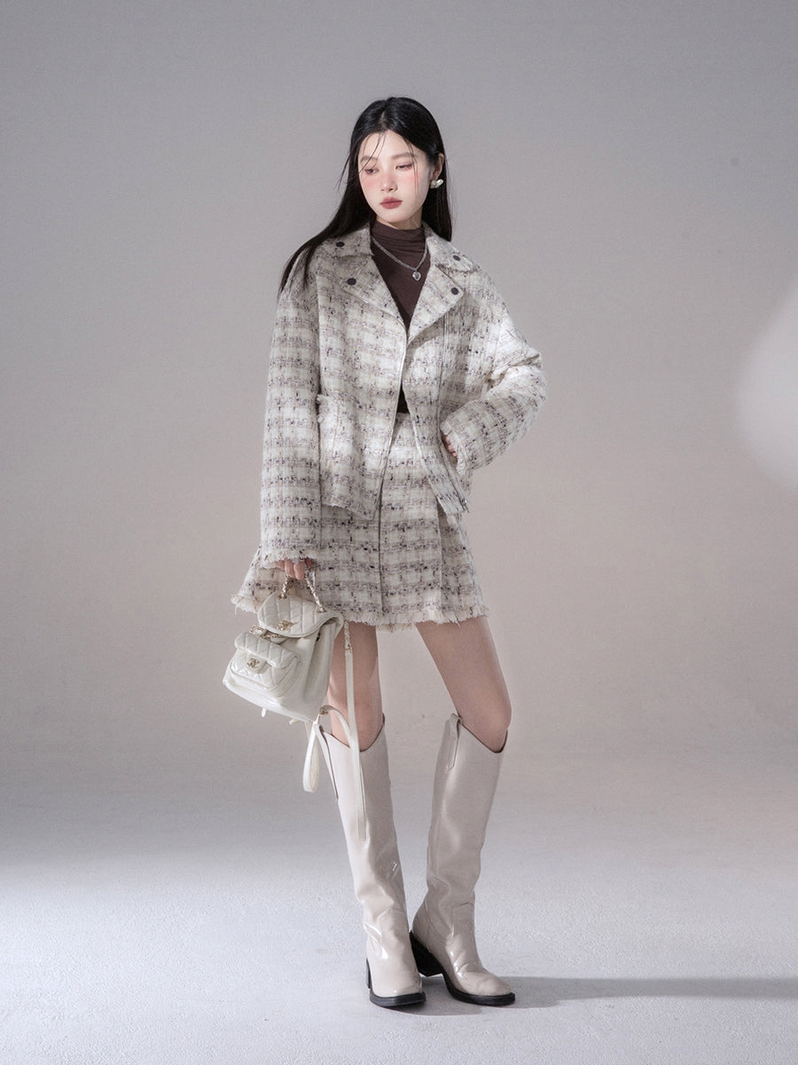 Tweed Suit Chic Wool Oversize Retro Jacket&Skirt