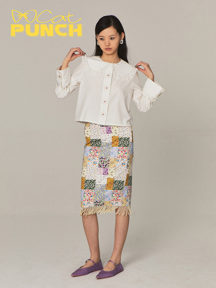 Frill-Collar Flower Girly Cute Beads Blouse