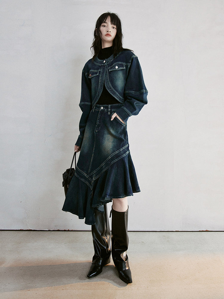 Denim-Asymmetrie verblasste gelegentliche High-T-Langstrecken mit hohem T-Throist