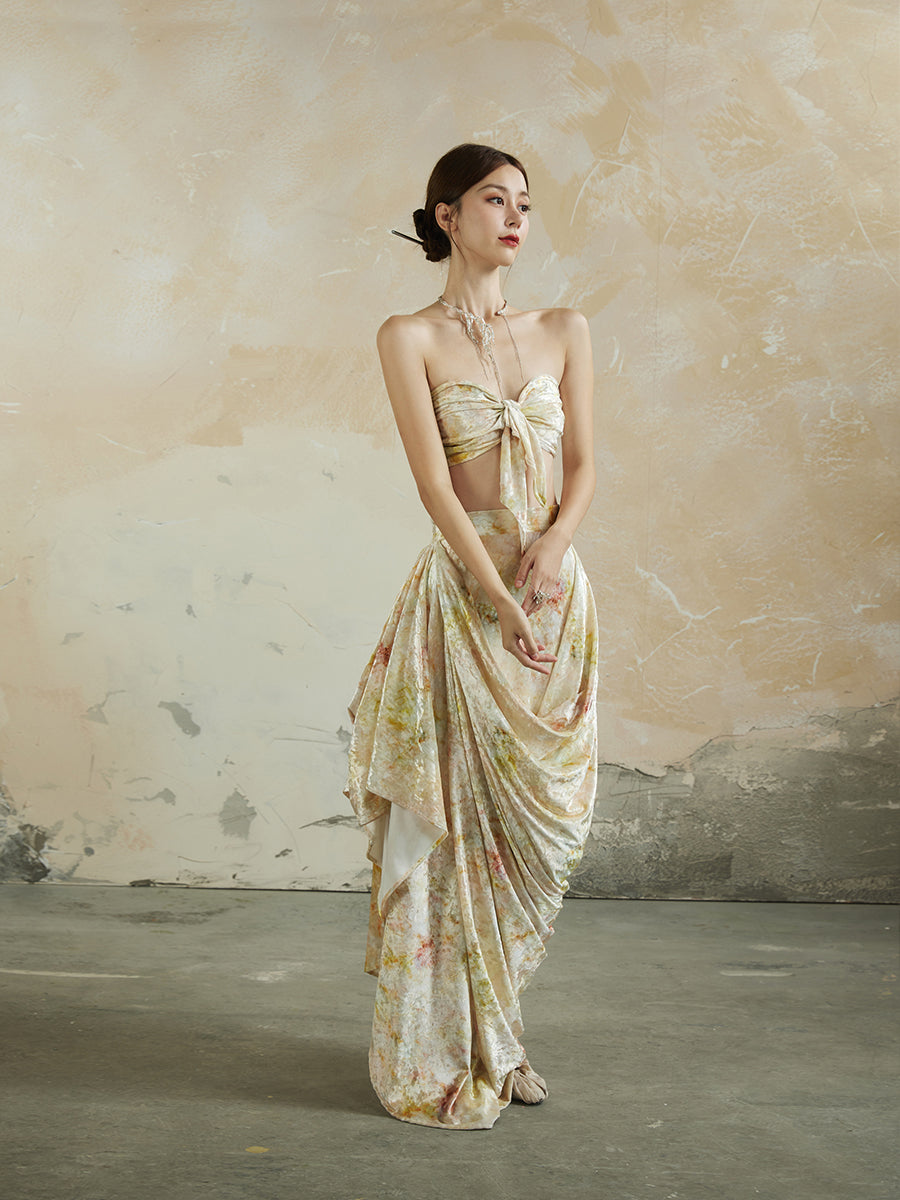 Speckled Asymmetry Drape Feminine Velvet Elegant Long-Skirt