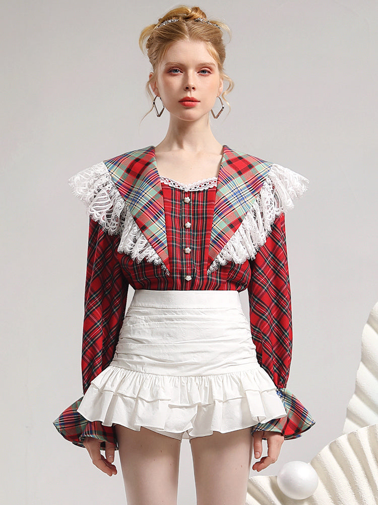 Nichi Checked Lace Big-Collar Retro Girly Blouse