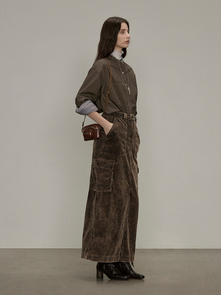 Side-Pocket Corduroy Plain Thick Casual Slit Long-Skirt