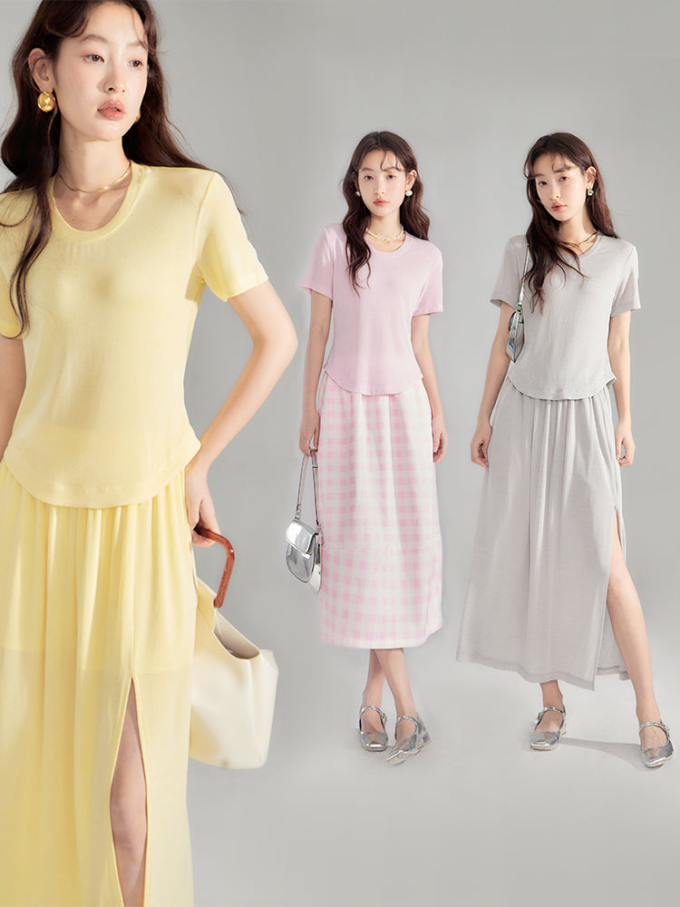 Simple Natural Crew-Neck Plain T-Shirt&Long-Skirt