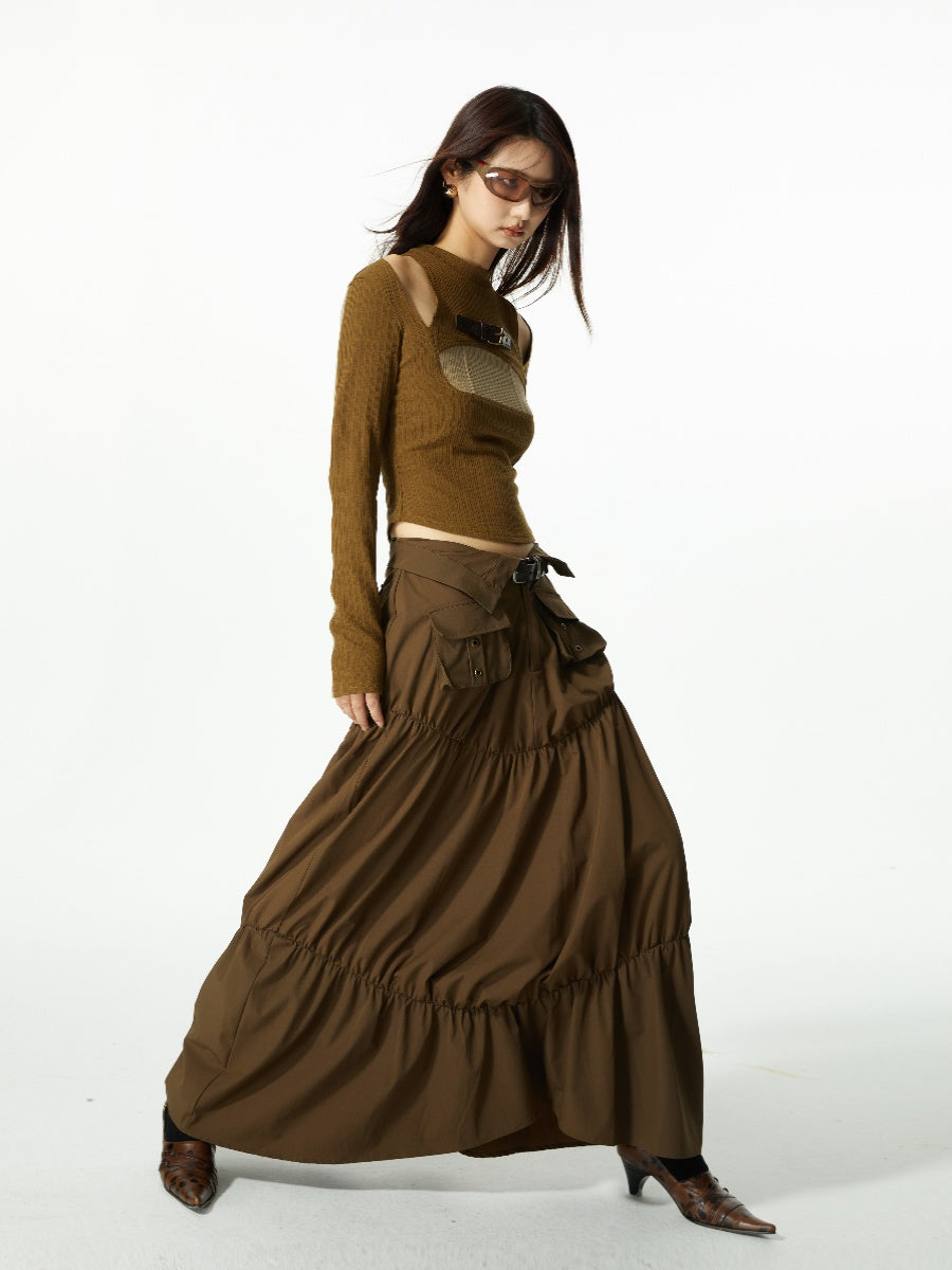 Gather Tiered Flare Plain Nichi Wrap-Waist Long-Skirt