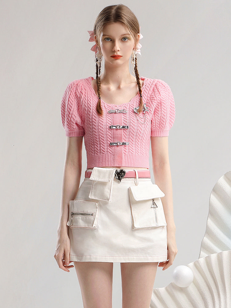 Set-Up Summer-Knit Feminine Pocket Casual Ribbno Metal Knit&Mini-Skirt