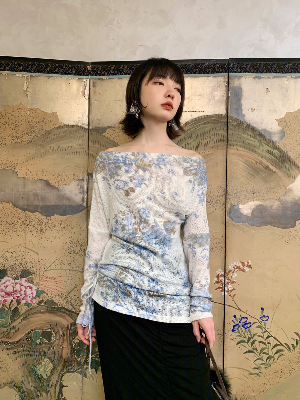 Flower Mesh Off-Shouler Thin Retro Cutsew